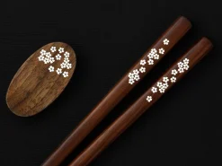 ORYOKI Essstäbchen*Essstäbchen Set mit Ablage Sakura, Granadillo