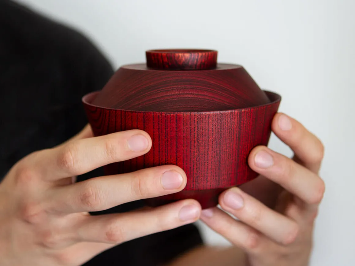 ORYOKI Holzschalen|Lacquerware*Suppenschale mit Deckel Hashi han, Urushi rot