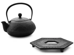 ORYOKI Tetsubin Gusseisen Wasserkessel|Japanische Teekannen*Teekanne, Wasserkessel Kombi-Modell NAMI AOMI, Iwachu, 0,65 l mit Untersetzer