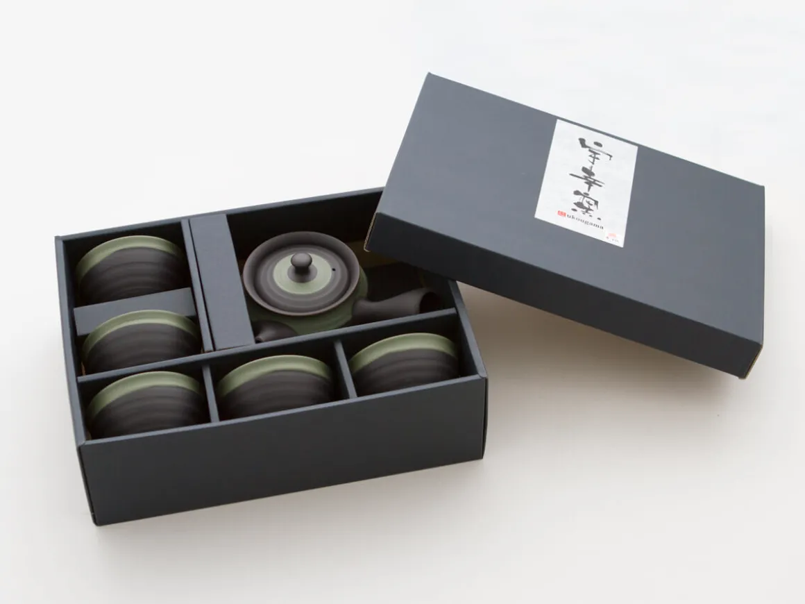 ORYOKI Japanische Teekannen|Teegeschirr*Teeservice Kurofukugata Midorierimaki, 6-teilig