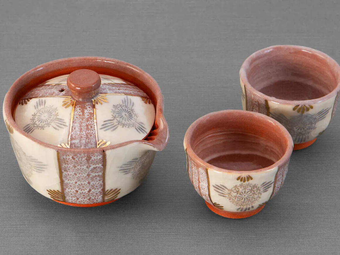 ORYOKI Japanische Teekannen|Teegeschirr*Teeservice Shiboridashi Shino Hanamishima, 3-teilig